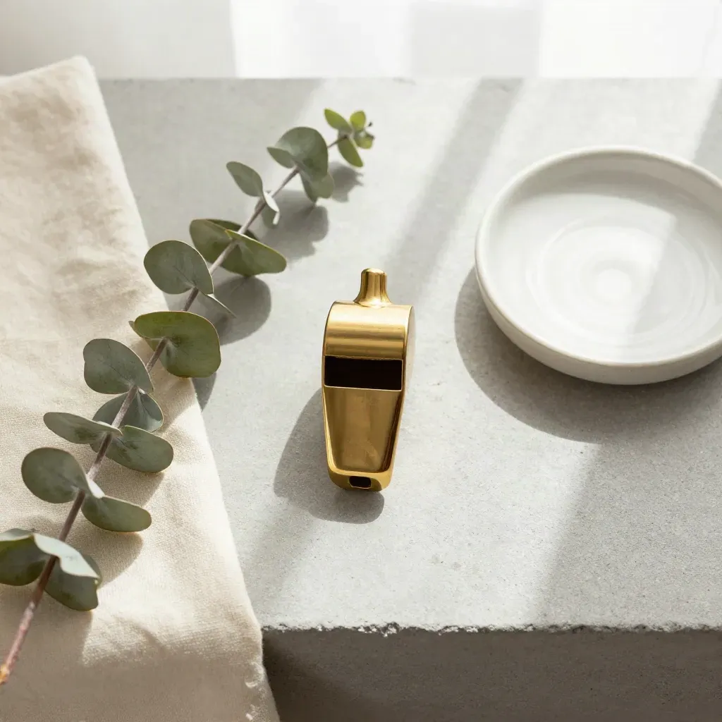 Brasswhistle på ljus sten med vikt linneduk, eukalyptus och en liten keramikskål uppifrån.